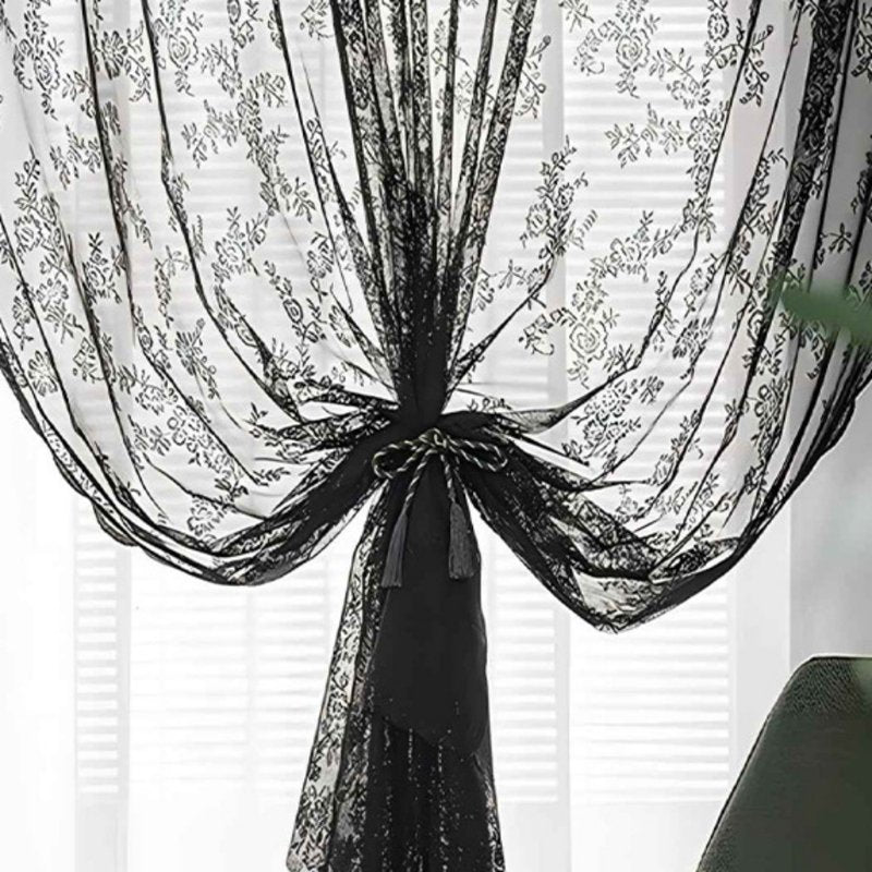 Black Lace Gauze Curtain Semi-Blackout for Living Room & Bedroom - Dust & Wrinkle Resistant