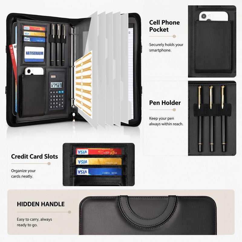 Black Leather Portfolio Binder with Zipper, 5 Dividers & Notepad - A4 3-Ring Organizer for Office & School