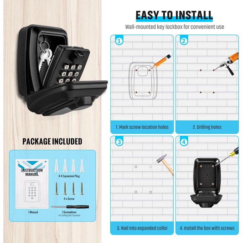 Waterproof Wall Mount Key Lock Box for Outdoor Security - 12 Digit Combination, Large Capacity