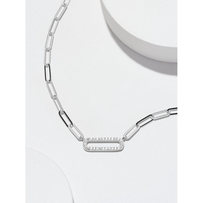 Sterling Silver Cubic Zirconia Paperclip Necklace with Extender - 18 Inch Gift-Ready Jewelry