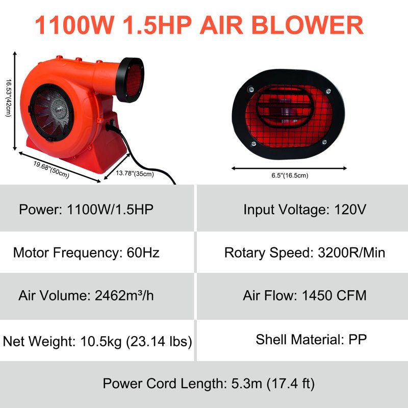 1100W 1.5HP Inflatable Bounce House Blower Pump - Commercial Air Fan