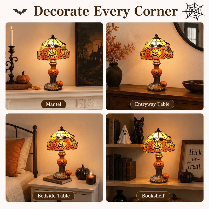 Halloween Pumpkin Table Lamp with Bat and Spider Web Shade - Indoor Decorative Light