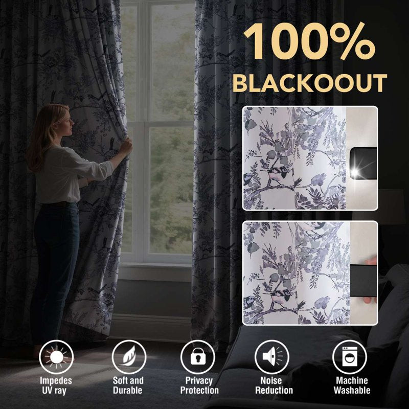 Blackout Floral Bird Curtain Panels - Thermal Grommet Window Drapes for Bedroom & Living Room, Sage/Black, 52 x 84 inches