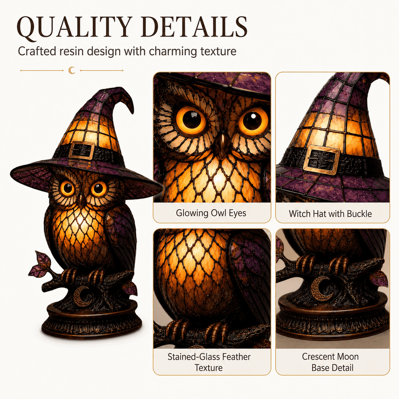 Halloween Witch Owl Night Light - Stained Glass Style LED Table Lamp for Desk & Decor