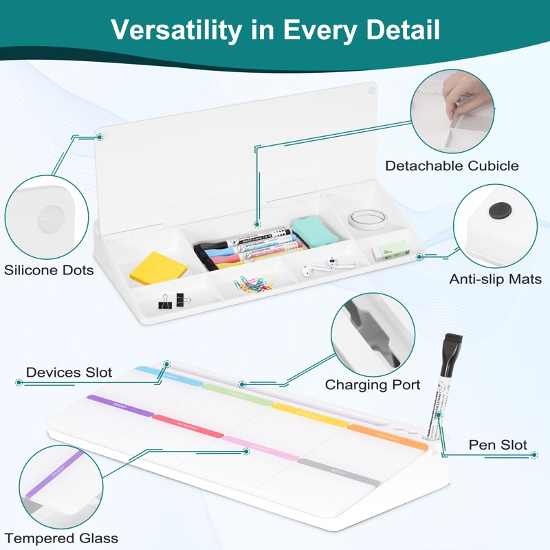 Glass Desktop Whiteboard with Storage - Weekly Calendar & Office Organizer