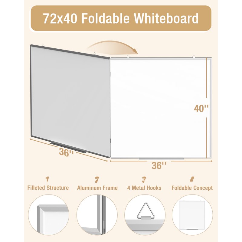Large Magnetic Dry Erase Whiteboard - Folding Aluminum Frame Wall Mount