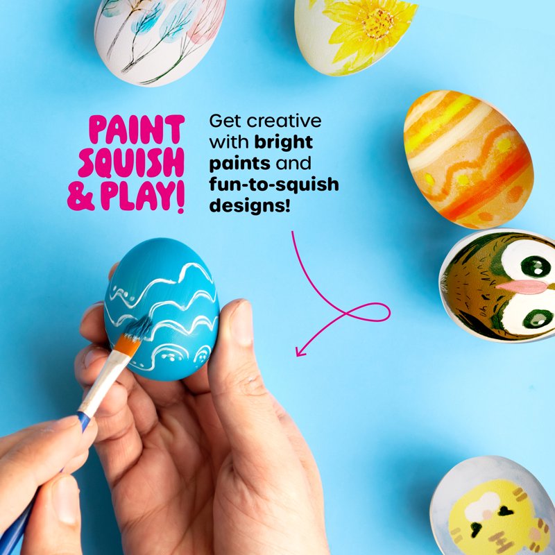 Kids Egg Painting Kit with 6 Squishies, Fabric Paint, Brushes - Easter Craft Set