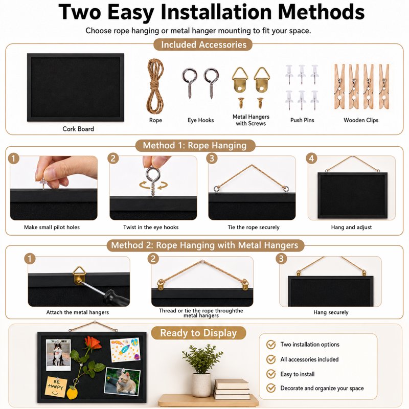 Black Linen Cork Bulletin Board 17x12 Inch Wall Display for Office & Home