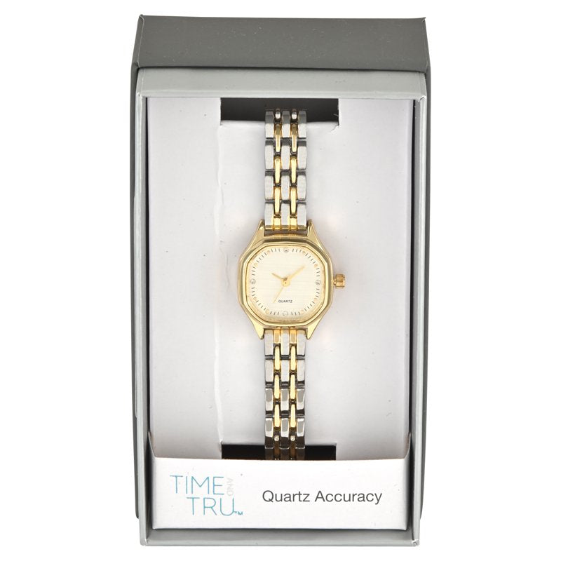 Ladies Two-Tone Metal Link Bracelet Watch with Adjustable Case