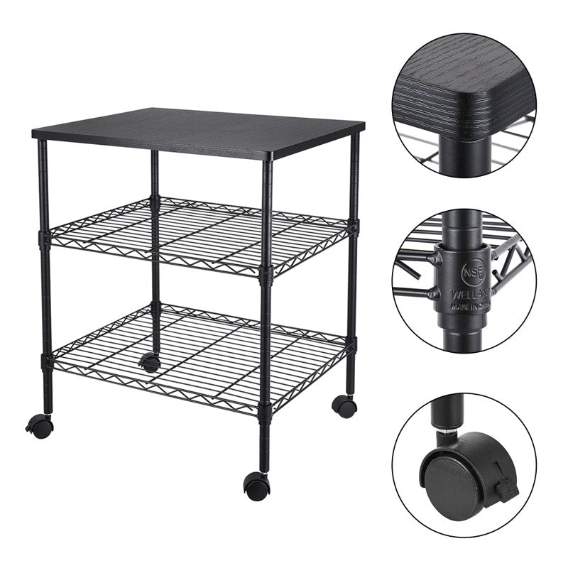 3-Shelf Metal File Cart with Wheels - Office Storage & Mobile Printer Stand