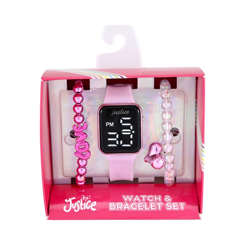 Kids Pink Glitter Silicone LED Watch with Matching Stretch Bracelets - Justice