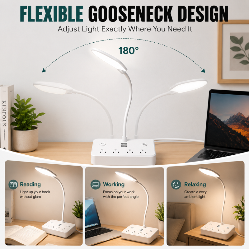 LED Desk Lamp with USB Charging & Power Outlets, 4ft Extension Cord, Adjustable Light