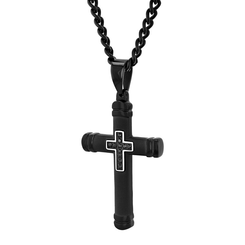 Men's Black Diamond Accent Cross Pendant Necklace 24-Inch Stainless Steel