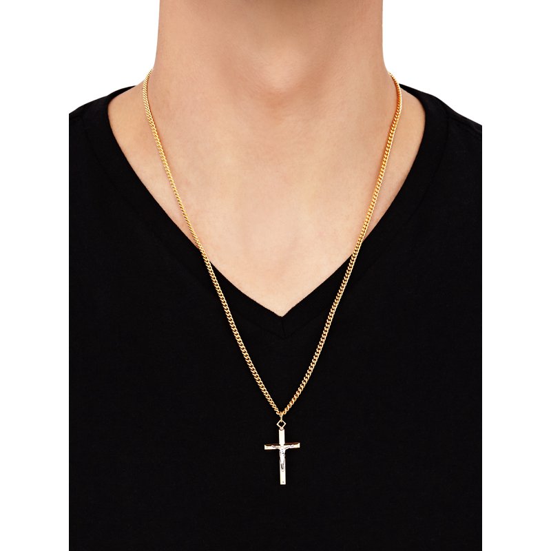Gold-Filled and Rhodium Crucifix Pendant Necklace 24 Inch Stainless Steel Chain