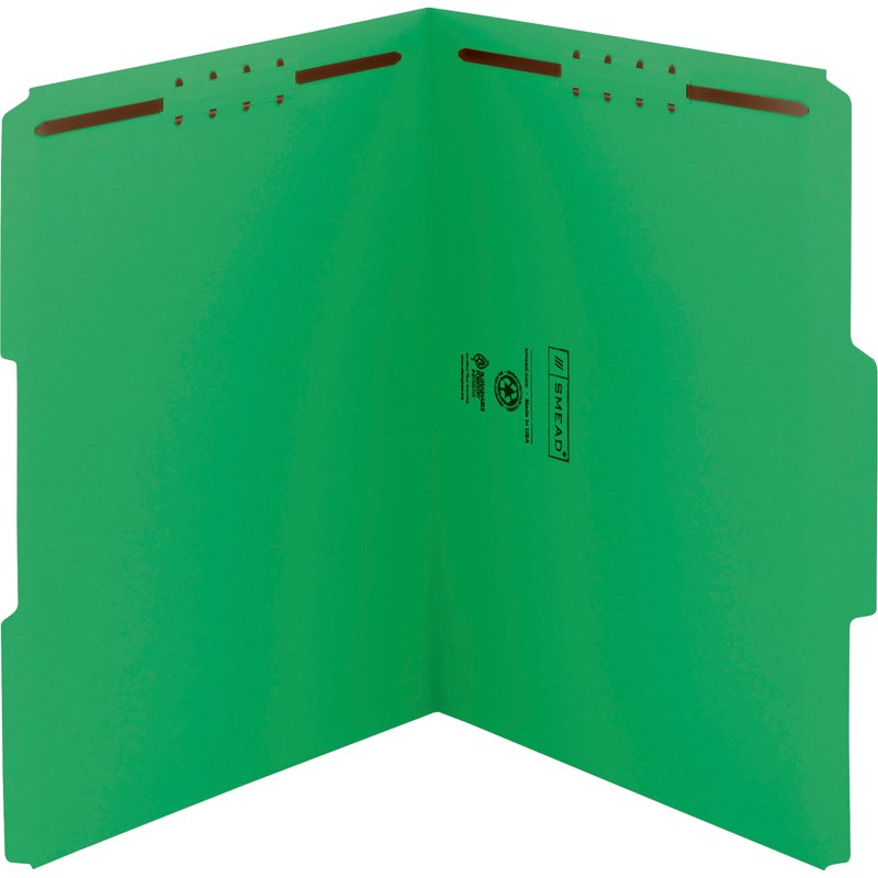 Color Reinforced Tab Fastener Folders - Letter Size, Green, 50 Pack