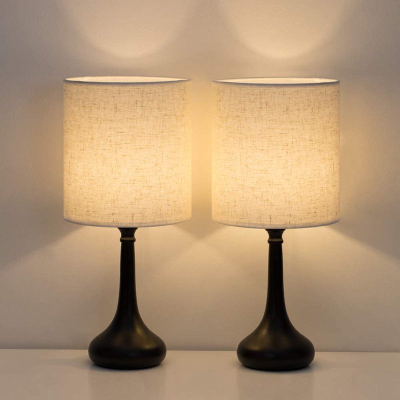 Set of 2 Modern Black Bedside Nightstand Lamps with Linen Shades
