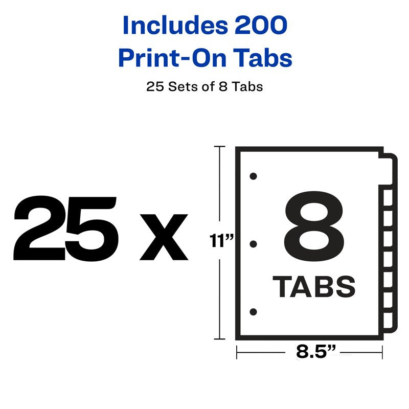 Customizable Print-On Divider Sets with 8 Tabs - White, 25 Pack