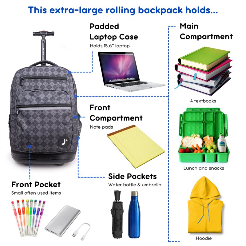 Unisex 20-Inch Rolling Backpack with Laptop Sleeve for School & Travel