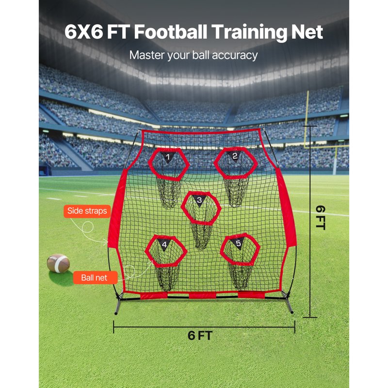 Football Practice Net with Targets, Durable Knotless Mesh, Includes Carrying Case - 6x6 ft