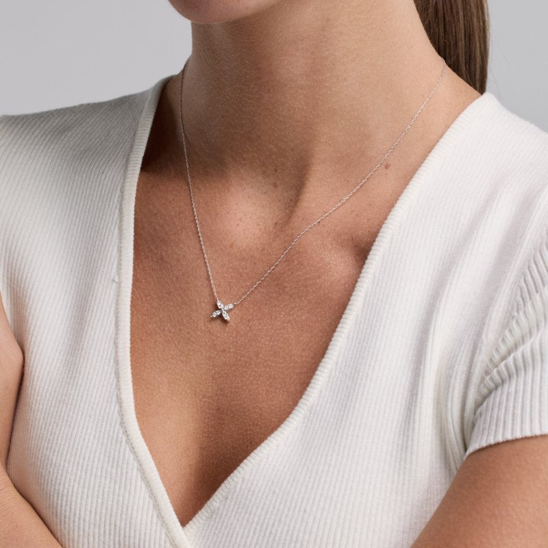 Lab-Grown Diamond Floral Pendant Necklace in Sterling Silver for Women - 1/5 Ct