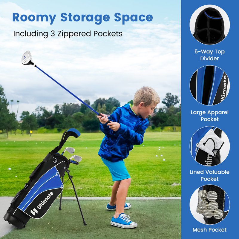 Gymax 28'' Portable Junior Golf Club Set for Kids 8+ - Blue (5-Piece)