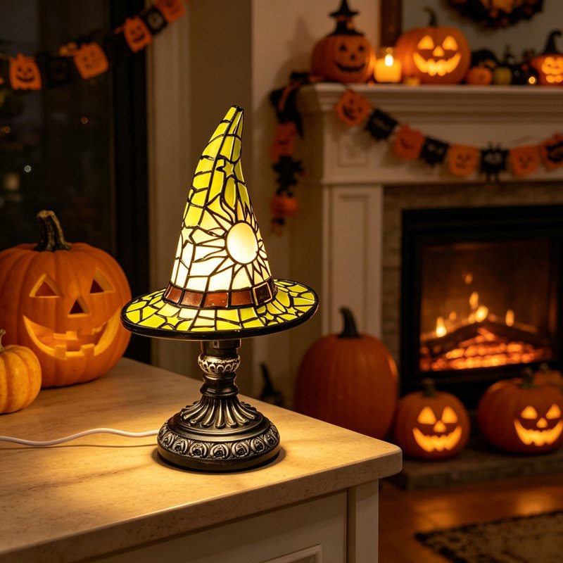 Table Lamp 7in Witch Hat LED Night Light USB Power — Stained Glass Gothic Halloween Decor (Variation: S(7in)I)