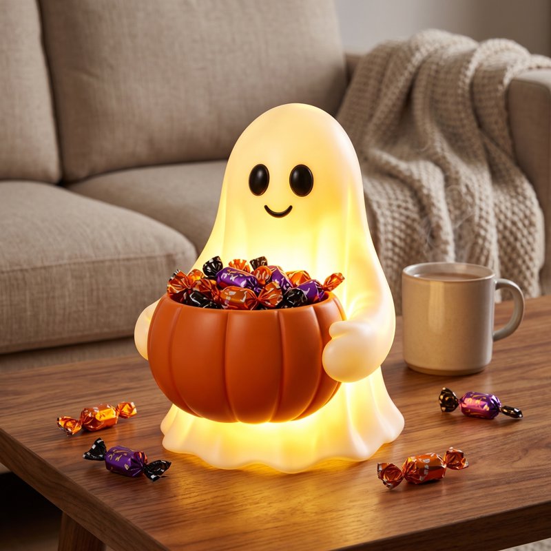 Lighted Halloween Ghost Candy Bowl with LED Illumination and Pumpkin Bucket - Outdoor Indoor Decor