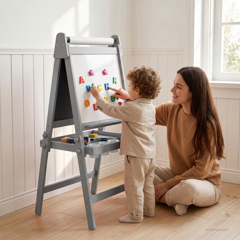 Kids Art Easel with Magnetic Whiteboard & Chalkboard, Adjustable & Foldable