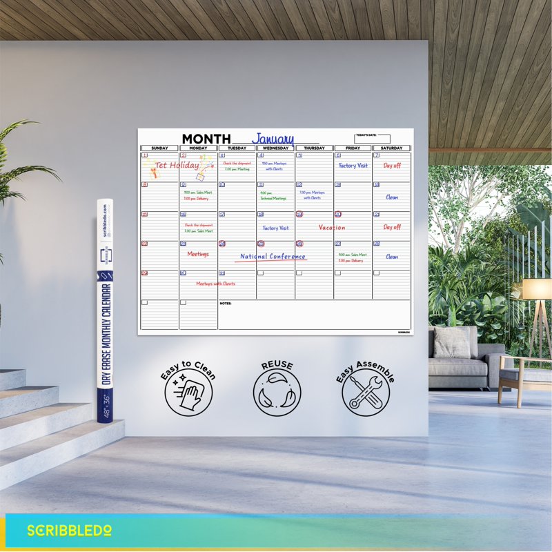 Large 36x48 Inch Whiteboard Calendar Wall Planner with Markers & Accessories