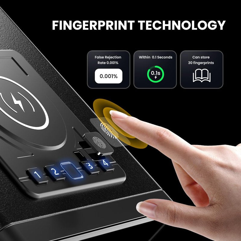Biometric Safe with Wireless Charging and Digital Clock - Home Security Safe with Keypad