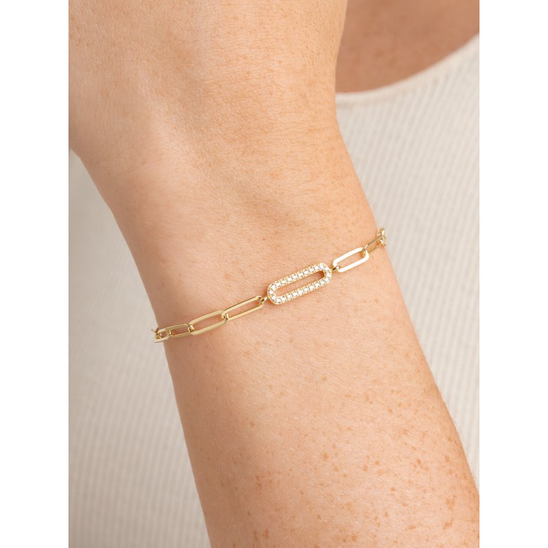 Gold & Silver CZ Oval Link Paperclip Bracelet 6.75" + 1.25" Extension