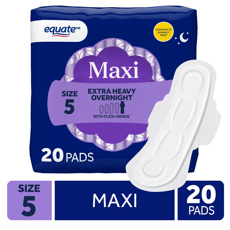 Overnight Maxi Pads with Flexi-Wings - Extra Heavy Absorbency, Size 5, 60 Count Multipack