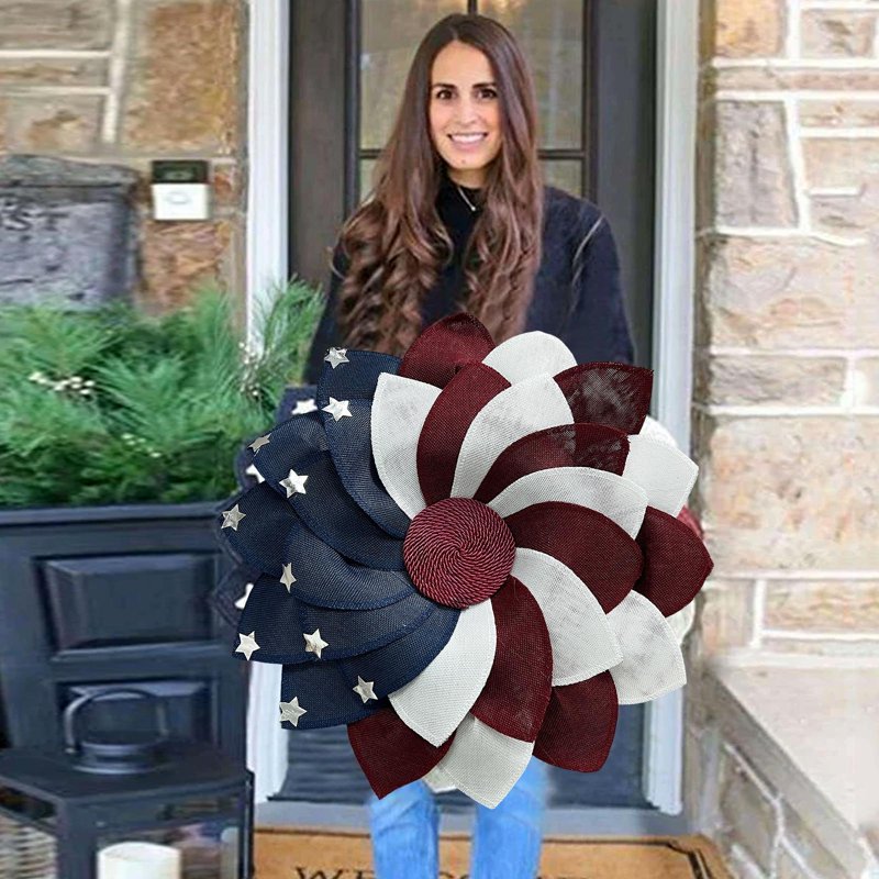 Patriotic Farmhouse Wreath with Star Accents for July 4th Memorial Day All-Season Front Door Decor