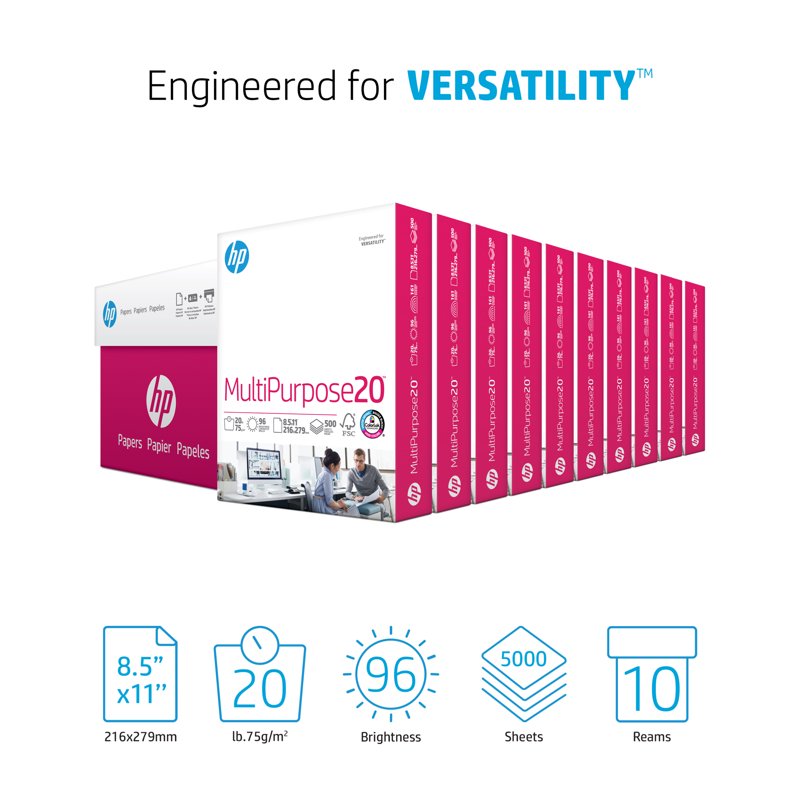 HP Multipurpose Printer Paper 8.5x11 20lb Bright White 10 Ream Case – 5000 Sheets