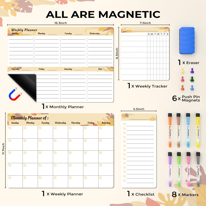 Magnetic Refrigerator Calendar Whiteboard - 17x11 Inch Family Planner & Menu Board