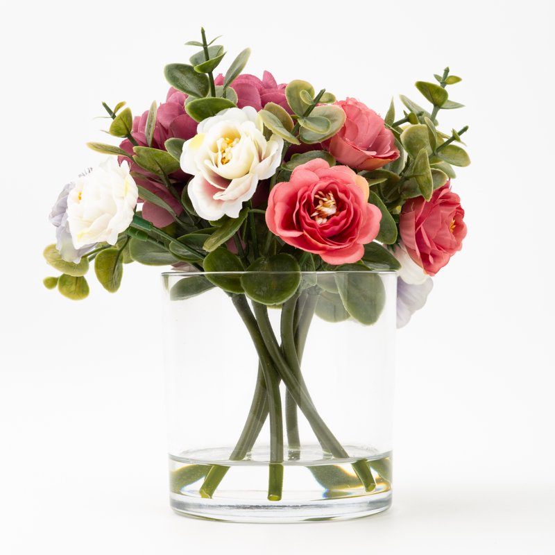 Faux Hydrangea and Eucalyptus Floral Arrangement in Clear Glass Vase - Indoor Decor