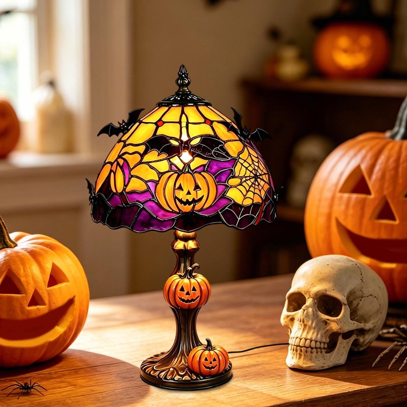 Halloween Pumpkin Table Lamp with Bat and Spider Web Shade - Indoor Decorative Light