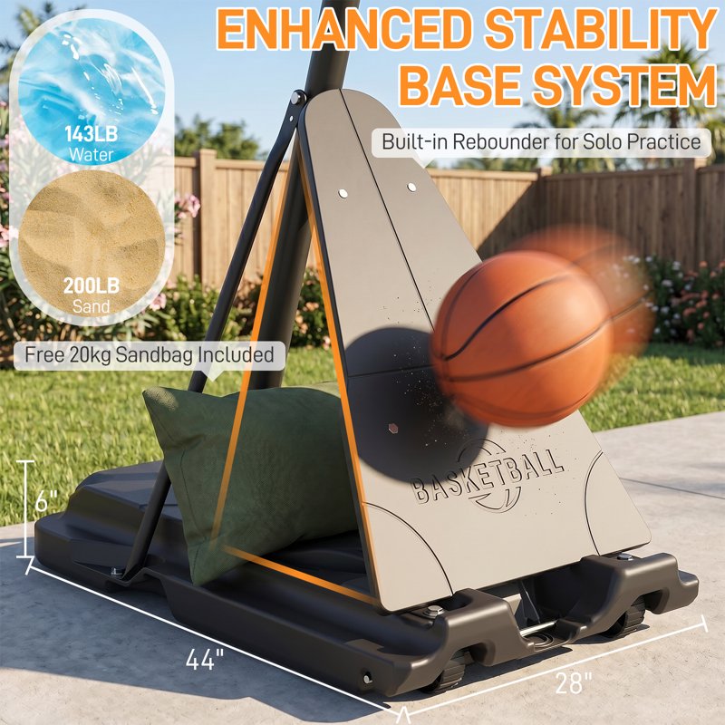 Portable Basketball Hoop with Adjustable Height 4.5-10FT, 54-Inch Backboard, Sandbag Stability