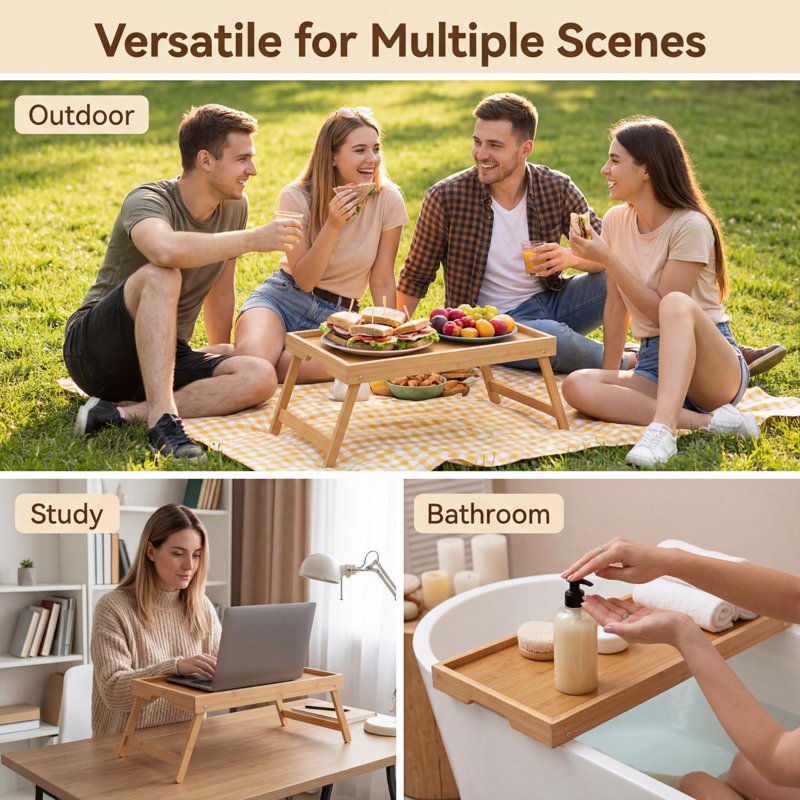 2 Pack Bed Tray Table with Folding Legs - Bamboo Breakfast in Bed Laptop Snack Tray - Yellow Variation