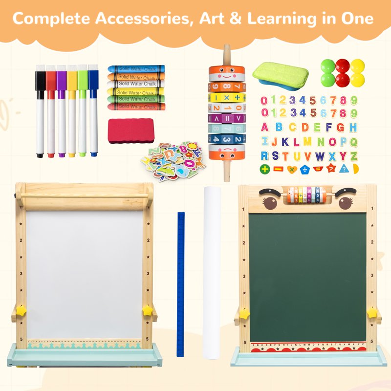 Kids Art Easel with Paper Roll Double-Sided Adjustable Drawing Board with Accessories