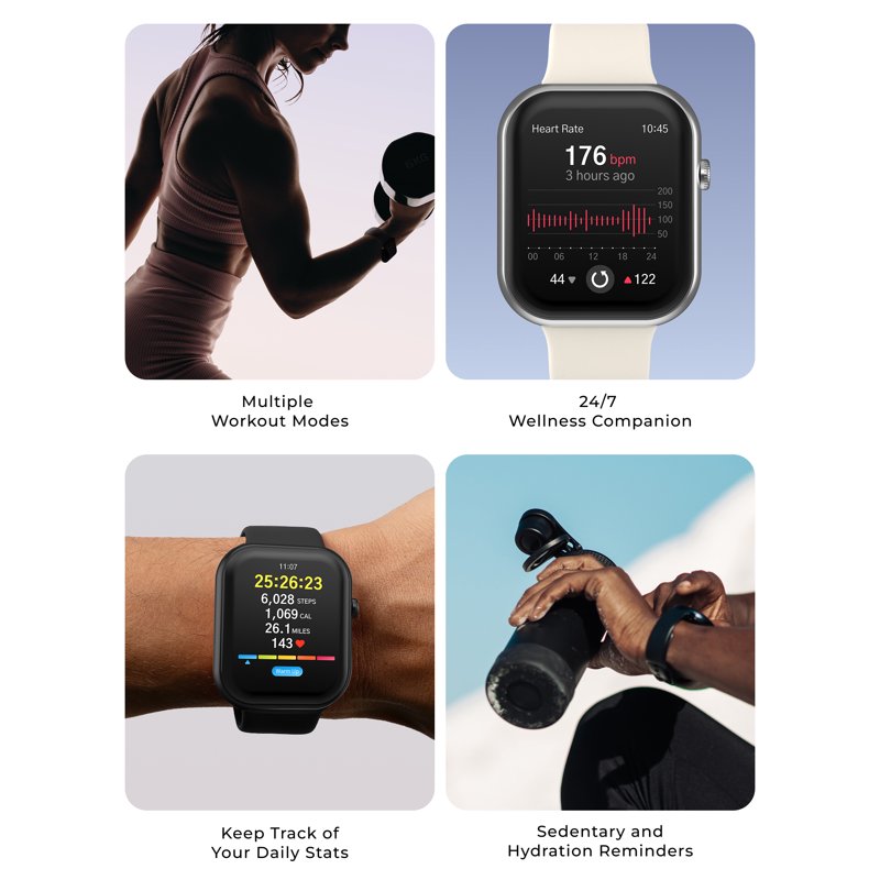 Unisex Rectangular Smart Watch with Interchangeable Silicone Strap - Fitness & Health Tracking