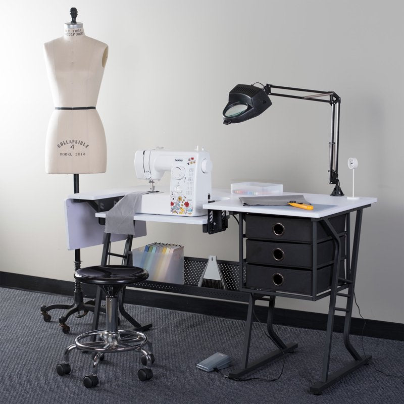 Adjustable Sewing Desk with Storage and Foldable Shelf - Black/White