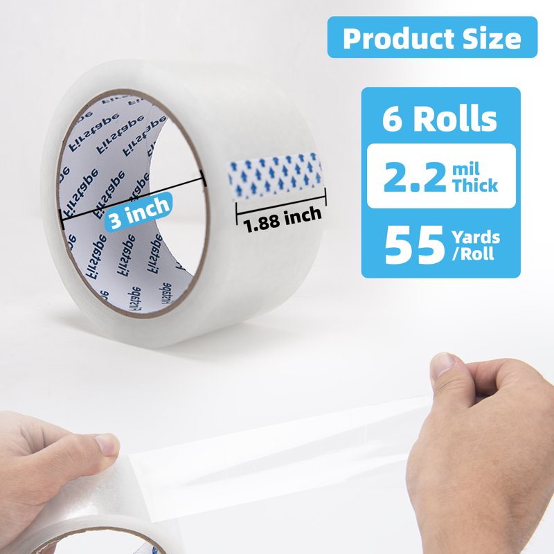 Heavy Duty Packing Tape - 6 Rolls, 1.88 Inch x 55 Yards, Clear, 2 Mil Thick for Shipping & Moving