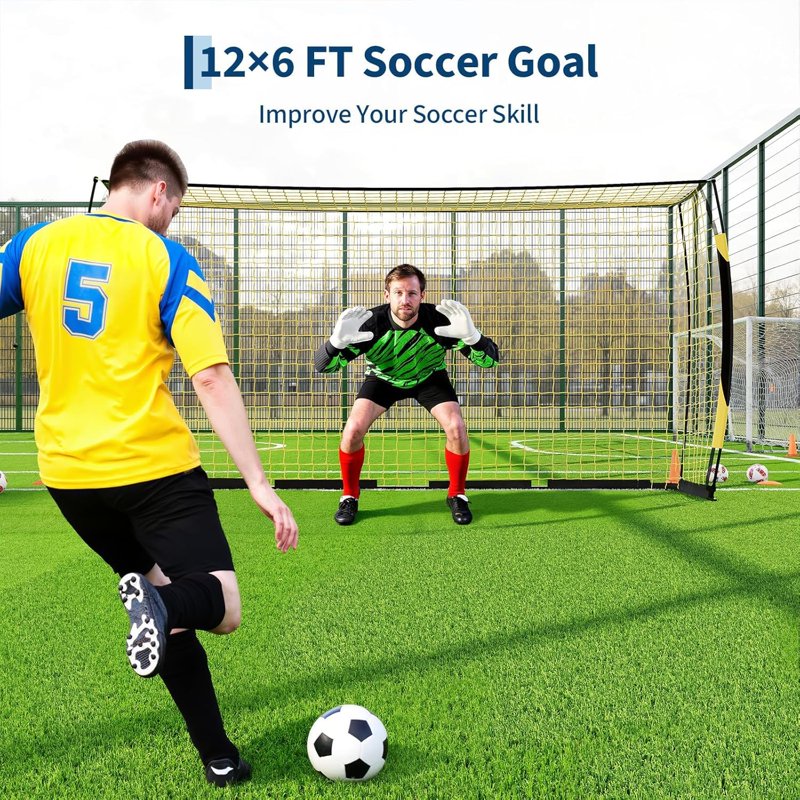 Sturdy 12x6 Ft Portable Soccer Goal with Metal Base – Collapsible, All-Weather net, Carry Bag Included, Black & Yellow