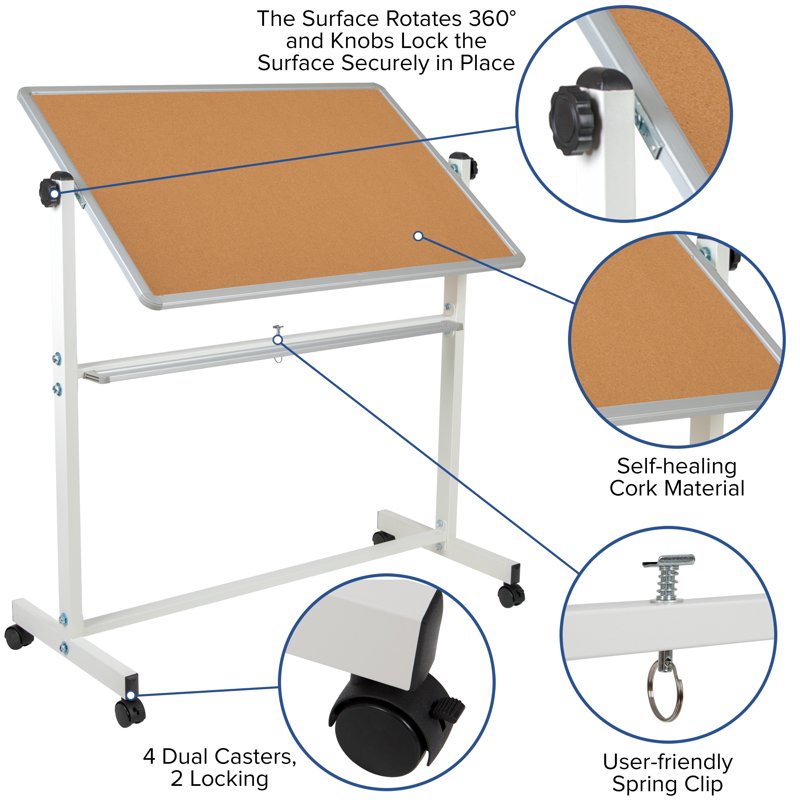 Reversible Mobile Cork Bulletin & Whiteboard with Pen Tray - Classroom & Office