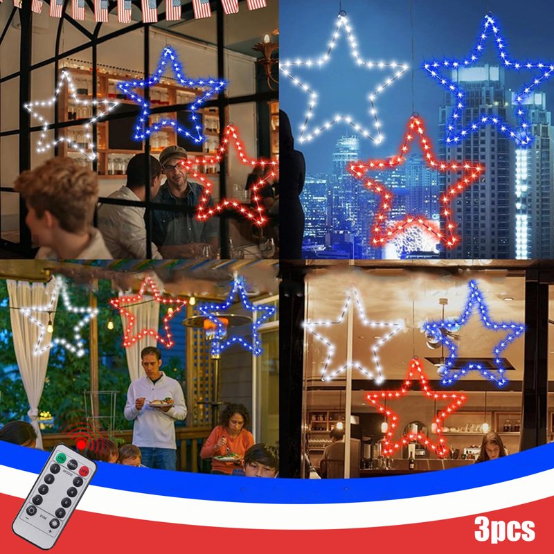Patriotic Window Star Lights 3-Pack - 8 Lighting Modes for 4th of July Decor