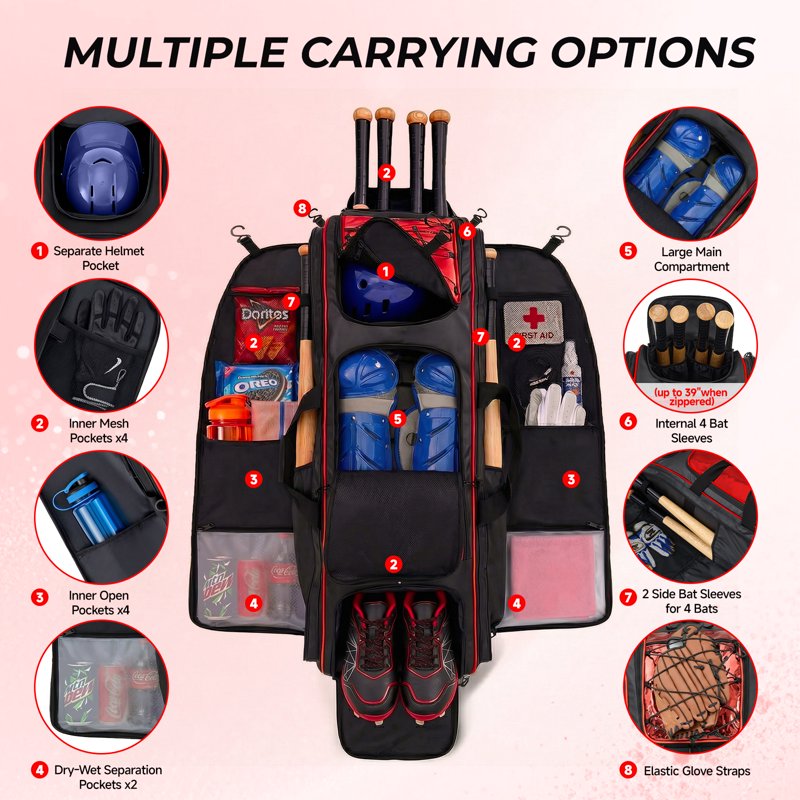 100L Baseball & Softball Equipment Bag with Wheels and Waterproof Storage