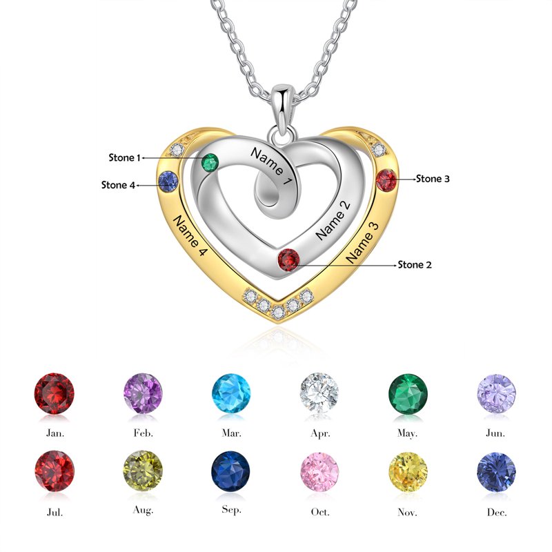 Personalized Family Necklace with Birthstones - Rhodium Plated Brass for Women