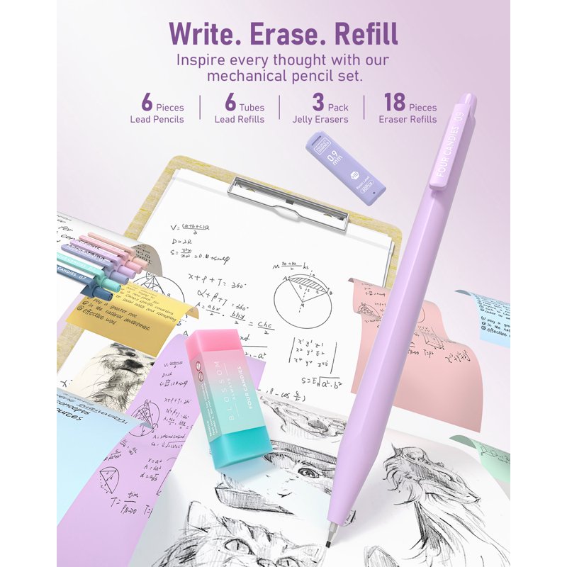 Four Candies 39-Piece Stationery Set with Purple Variation: 12 Pastel Highlighters, 6 Mechanical Pencils & 5 Gel Pens in Case