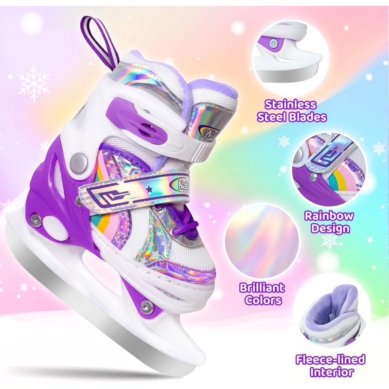Adjustable Kids Ice Skates for Girls with Fleece Lining and Rainbow Design